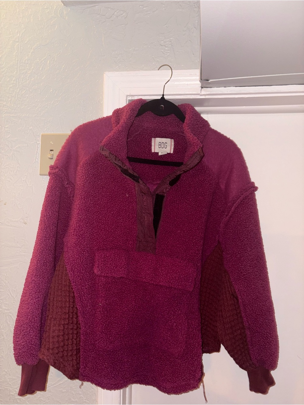 BDG Plush Sherpa Half-Zip Pullover in Raspberry Plum